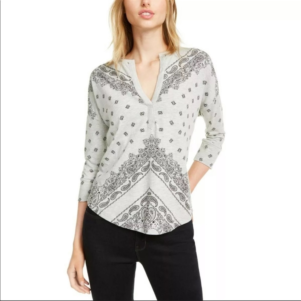 Lucky Brand Paisley Hi-Low Tee Henley Top Blouse